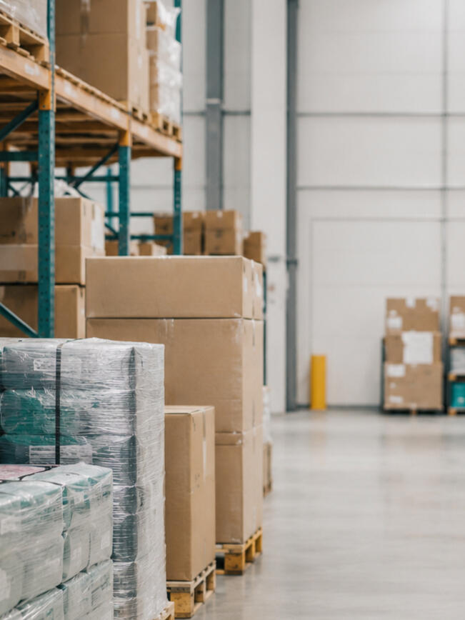 Organized warehouse aisle with pallets and shelving